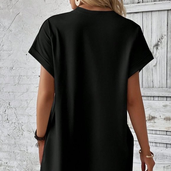 Black Boho Womens  Solid Batwing Sleeve Hidden Pocket Tee Dress - Picture 2 of 5
